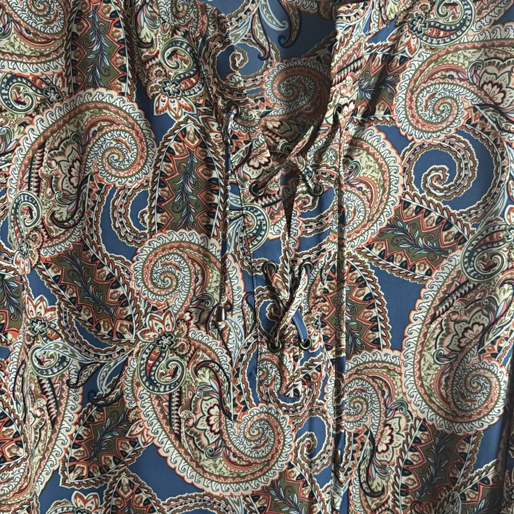 ❗️SOLD❗️Blue and Tan Ruffled 3/4 Sleeve Blouse with Mandarin Collar - Picture 3 of 5